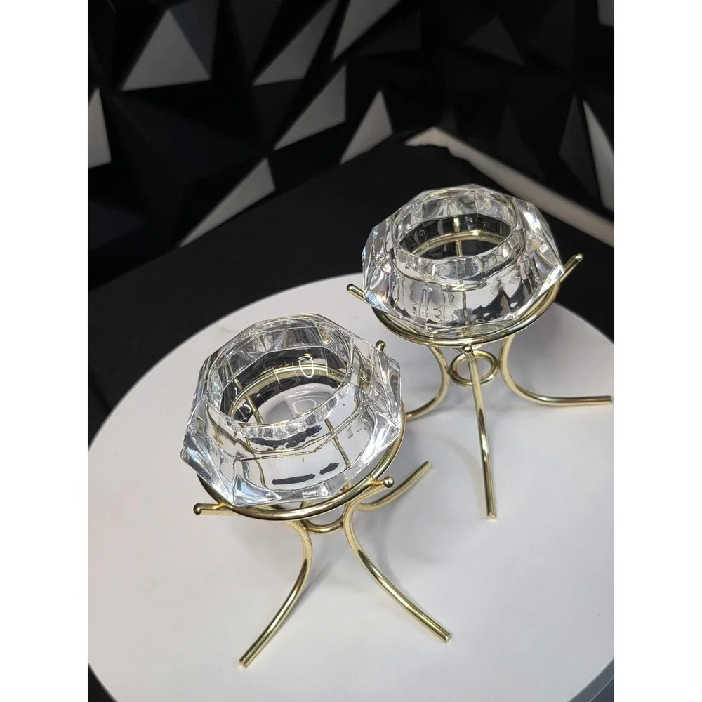 Diamond Shaped Crystal Glass Votive Candle Holders Gold Metal Stands Set of 2